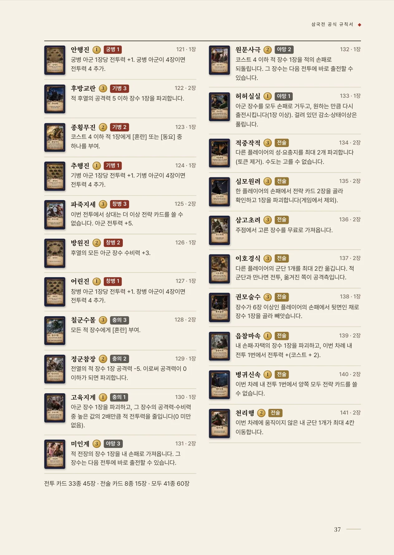 공식 규칙서 37쪽 · 19 전략 카드 일람