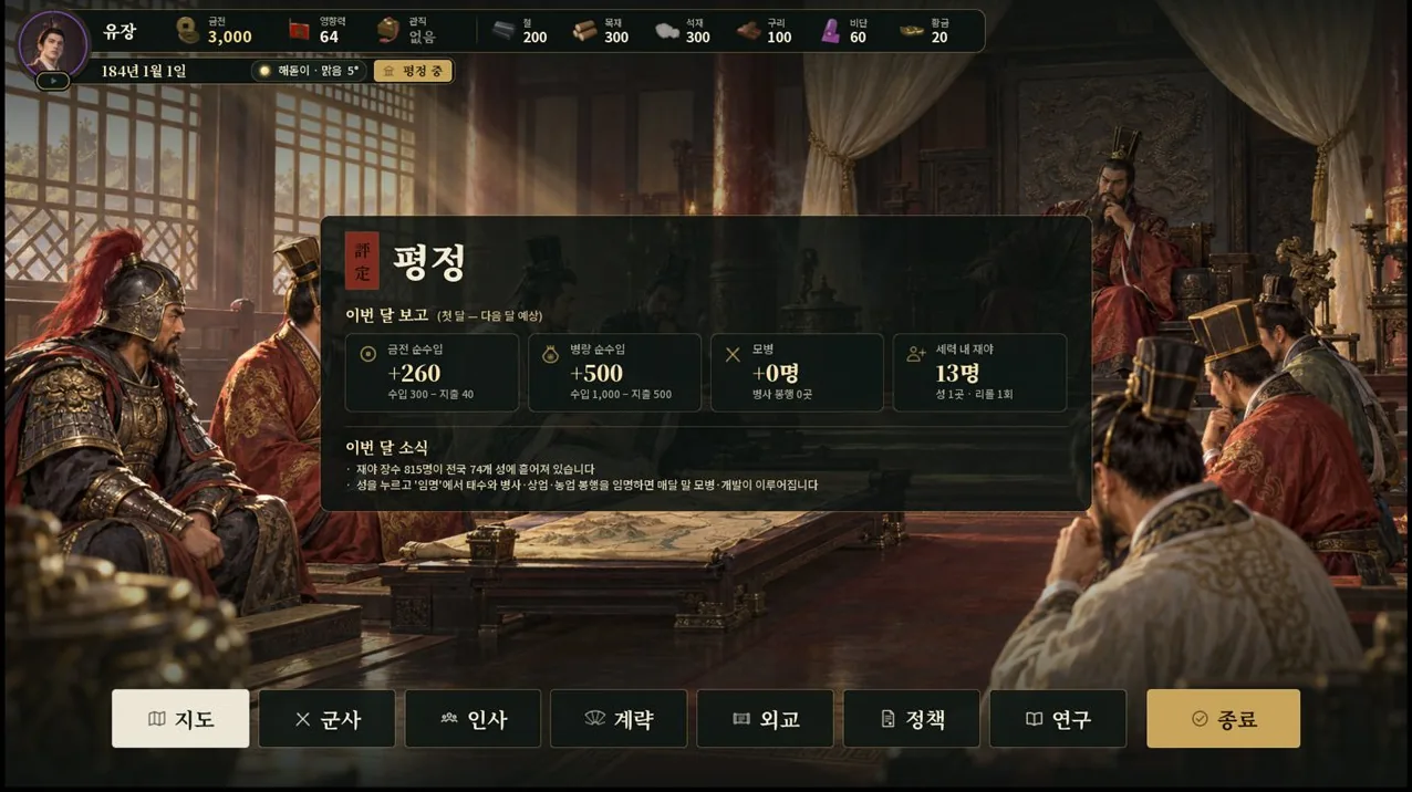 평정 화면. 장수들이 둘러앉아 이번 달의 보고를 듣는다